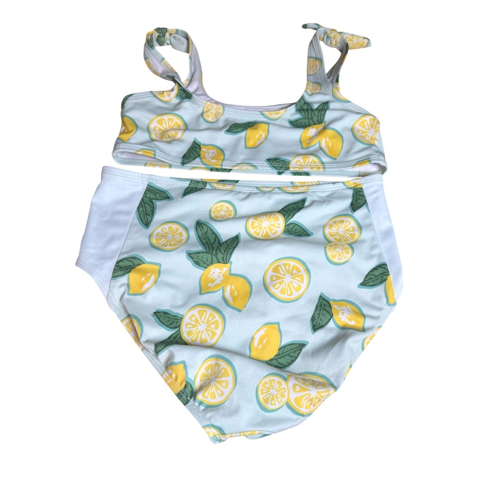 DSG Girls Lemon Print Swimsuit Set Tie‎ Strap Top High Waisted Bottoms L 2 Piece